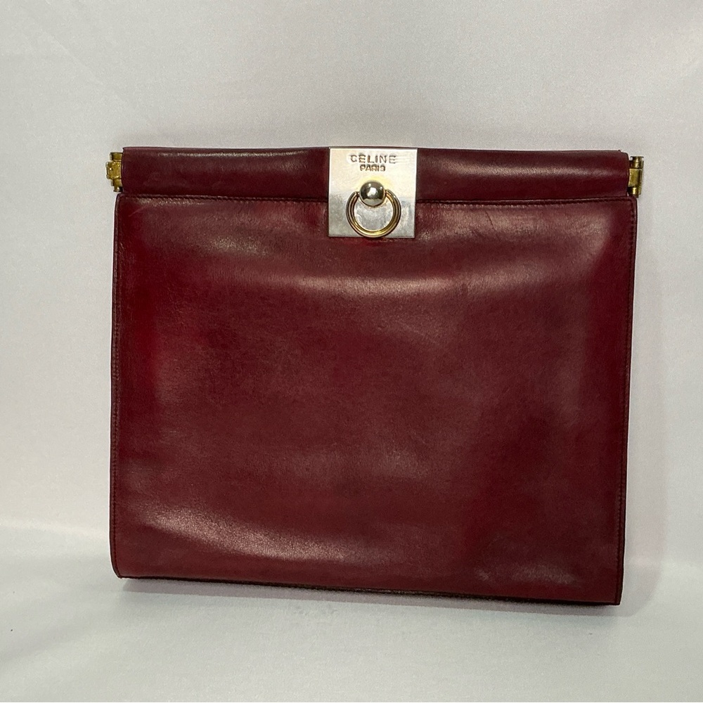 Vintage Celine Deep Red Burgundy Leather Clutch Frame closure